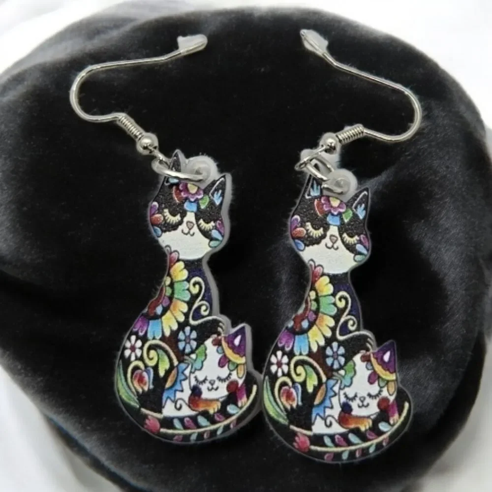 Colorful Folk Art Black Cat Earrings | Floral Acrylic Dangle Pierced Jewelry NWT